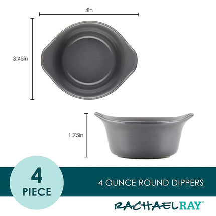 Rachael Ray Solid Glaze Ceramics Round Ramekins/Dipping Cup Set, 4 Piece, Gray