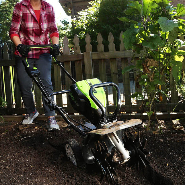 GreenWorks TL80L210 Pro 80V 10-Inch Tiller, 2Ah Battery Included, Black and Green
