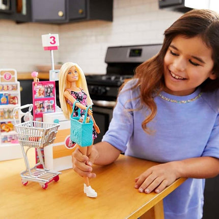 Barbie Doll, Blonde, and Grocery Store with Rolling Cart and Working Belt,FRP01