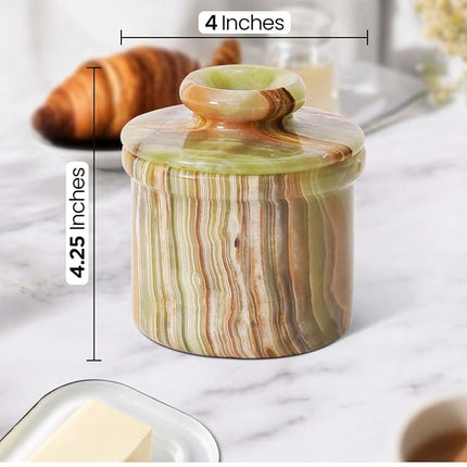 Radicaln Handmade Green Onyx Marble Butter Keeper 4.25" – French Butter Dish for Soft, Spreadable Butter | Elegant Countertop Butter Crock for Kitchen