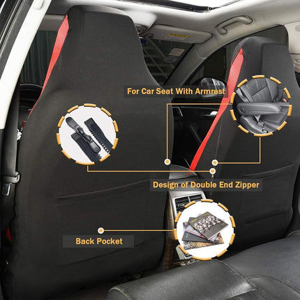 Flying Banner car seat Covers Quality Carbon Fiber Air Mesh Fabric Sport Low High Back Bucket Back Pocket Arm Rest (2 Fronts - High Bucket, Red)