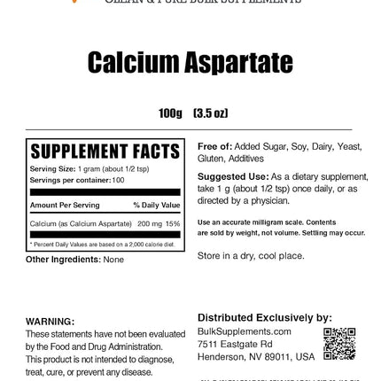 BulkSupplements.com Calcium Aspartate Powder - Calcium Supplement - Calcium 1000mg Supplement - Vegan Calcium Supplements - Calcium Powder (100 Grams - 3.5 oz)