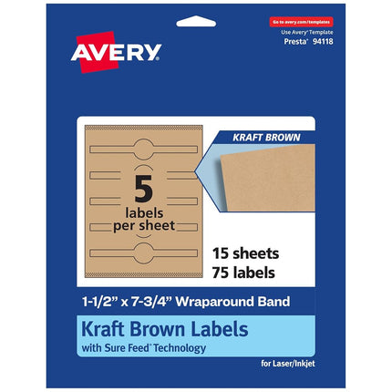 Avery Kraft Brown Cigar Labels with Sure Feed, 1.5" x 7.75", 75 Kraft Brown Labels, Print-to-The-Edge, Laser/Inkjet Printable Labels