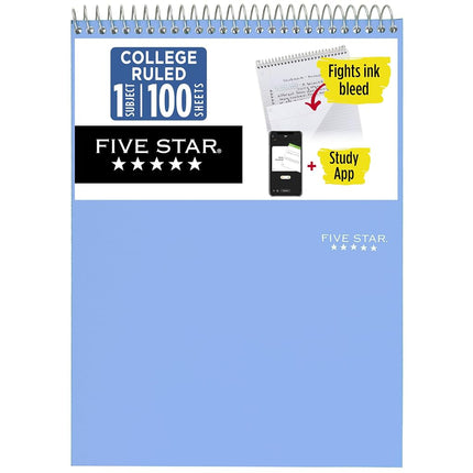 Five Star Top Spiral Notebook + Study App, 1 Subject, College Ruled Notepad, 8-1/2" x 11", 100 Sheets, Fights Ink Bleed, Water Resistant Cover, Tidewater Blue (820058D-ECM)