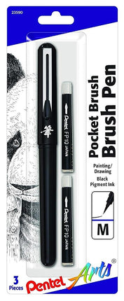 Pentel Arts Pocket Brush Pen, Includes 2 Black Ink Refills (GFKP3BPA)