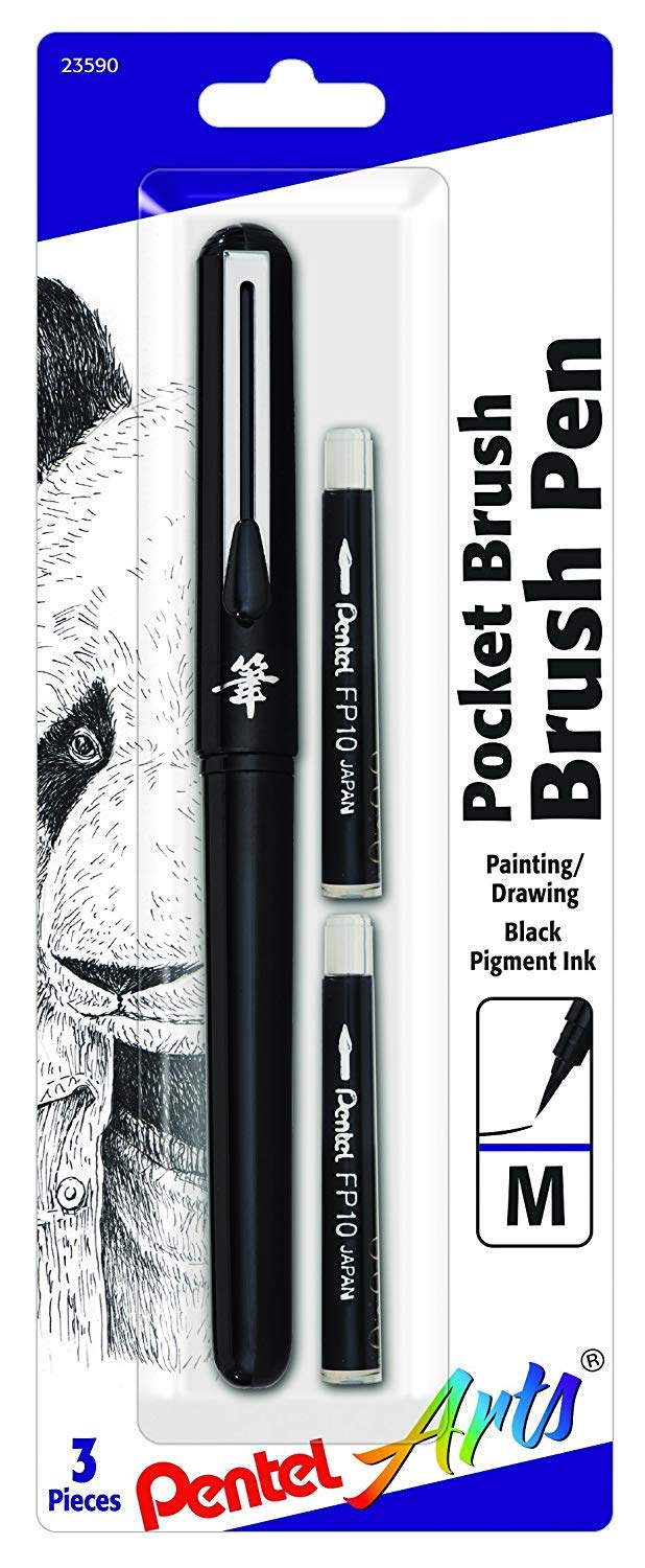 Pentel Arts Pocket Brush Pen, Includes 2 Black Ink