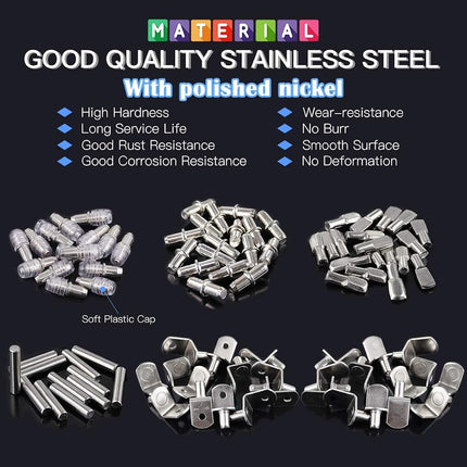 Glarks 156Pcs 6 Styles Shelf Pins Kit, Nickel Shelf Support Pegs, PVC Shelf Pins, Flat Spoon Pegs, Cylindrical Pins Holder, L-Shaped Bracket and Dowel Pins for Cabinets