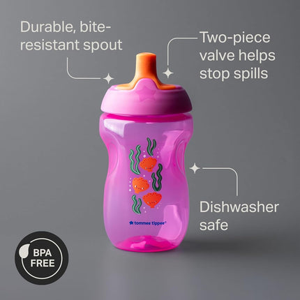 Tommee Tippee Sportee Bottle, Sippy Cup for Toddlers, 12 Months+, 10oz, Spill-Proof, Bite Resistant Spout, Easy to Hold Design, Pack of 3, Purple, Red and Orange