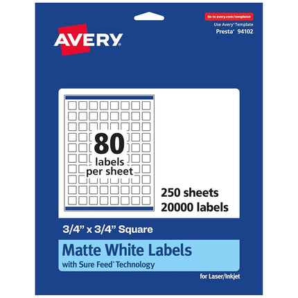 Avery Matte White Square Labels with Sure Feed, 3/4" x 3/4", 20,000 Matte White Printable Labels