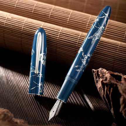 HONG DIAN N23 Blue Rabbit Fountain Pen, Long Blade Medium Nib Silver Trim, New Year Lucky Rabbit Carving Design, Smooth Writing Pen with Converter and Metal Pen Box Set