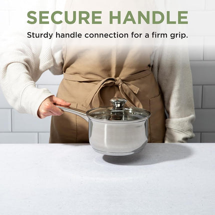 Ecolution Pure Intentions Saucepan – Features Tempered Glass Lid, Stay-Cool Knob and Handle, and Encapsulated Bottom – Oven Safe – Curbside Recyclable Stainless Steel – 2 Quarts
