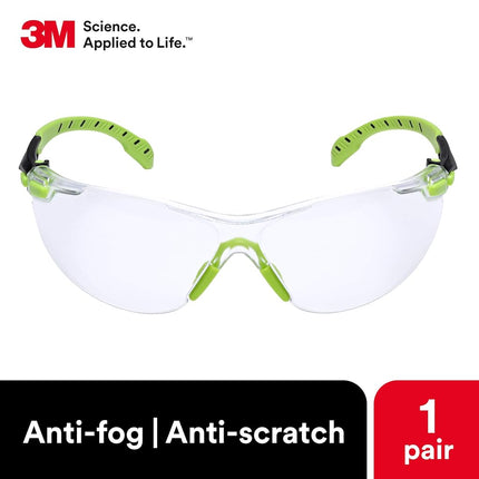 3M Safety Glasses, Solus 1000 Series, ANSI Z87, Scotchgard Anti-Fog, Clear Lens, Green/Black Frame