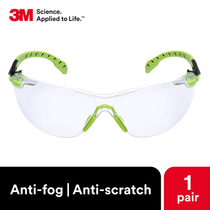 3M Safety Glasses, Solus 1000 Series, ANSI Z87, Scotchgard Anti-Fog, Clear Lens, Green/Black Frame