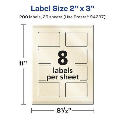 Etiquetas rectangulares nacaradas color marfil Avery con tecnología Sure Feed, para imprimir hasta el borde, 5.08 cm x 7.62 cm, 200 etiquetas nacaradas color marfil, imprimibles con láser/inyección de tinta