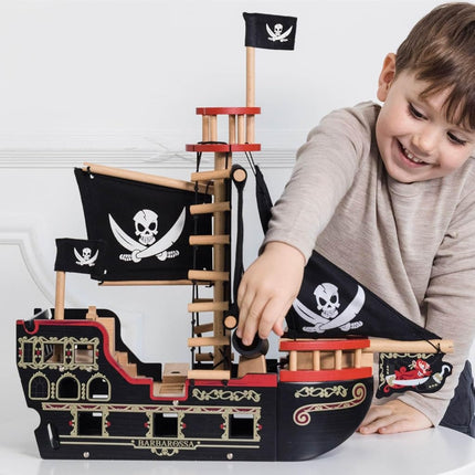 Le Toy Van - Wooden Educational Pirates Collection Barbarossa Pirate Ship With Cannon, Cannon Balls, Plank, Trap Door and Anchor | Pretend Play Pirate Toys, Black, Medium