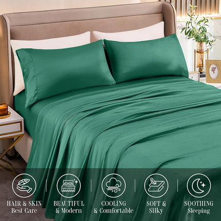Elegant Comfort Luxurious 4-Piece Silky Satin Sheet Set, Skin and Hair Friendly, Wrinkle, Fade, Stain Resistant with Deep Pockets Fitted Sheet, Cooling Soft Satin Sheet Set, Twin XL, Hunter Green