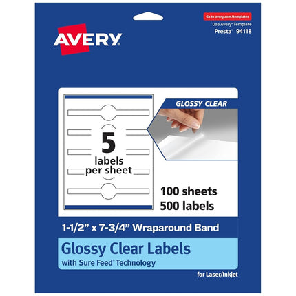 Avery Glossy Clear Cigar Labels with Sure Feed, 1.5" x 7.75", 500 Glossy Clear Labels, Print-to-The-Edge, Laser/Inkjet Printable Labels