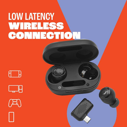 JBL Quantum TWS AIR - Écouteurs gaming True Wireless avec technologie Smart Ambient, dongle USB-C 2,4 GHz à faible latence ou Bluetooth, 4 microphones beamforming (Noir)