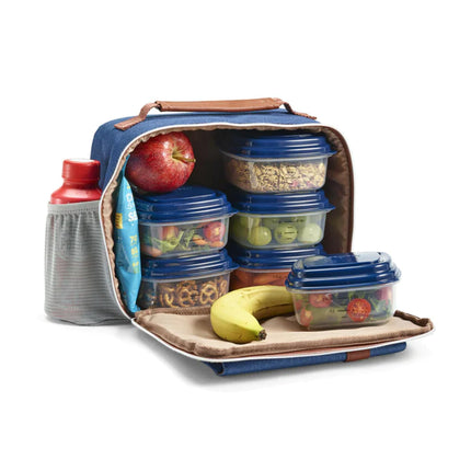 Fit & Fresh Foundry, Gaspee Adult Insulated Lunch Bag with Side & Front Pouches, Complete Lunch Kit Includes 6 Containers, Denim