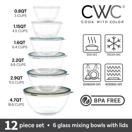 COOK WITH COLOR 12 Pc Glass Mixing Bowl Set with Lids – Borosilicate Glass Nesting Bowls for Cooking, Baking and Meal Prep, Gray