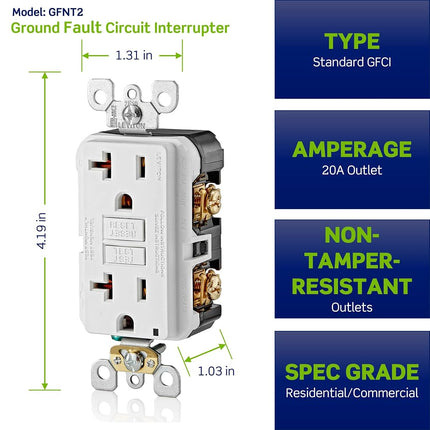 Leviton GFNT2-HGE 20A-125V Extra-Heavy Duty Hospital Grade Non-Tamper-Resistant Duplex Self-Test GFCI Receptacle, Black, 20-Amp