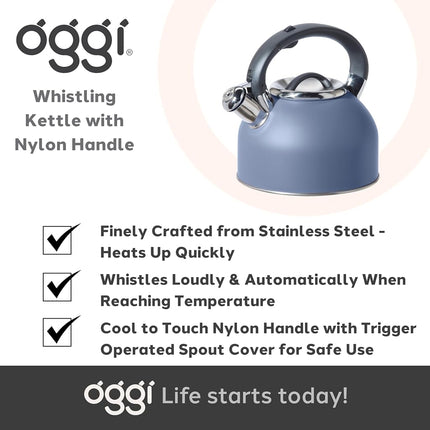 OGGI Tea Kettle for Stove Top - 64oz / 1.9lt, Stainless Steel Kettle with Loud Whistle, Ideal Hot Water Kettle and Water Boiler - Blue