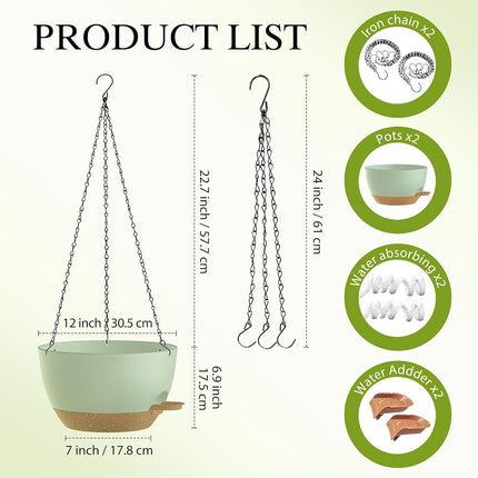 SQKH 12 Inch Hanging Baskets 2 PC with Chains, Self-Watering Hanging Planters for Indoor Outdoor Plants, Plastic Hanging Flower Pots,Green Brown