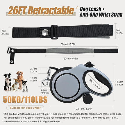 MIGHTYDUTY Retractable Dog Lead 8m for Medium Large dogs, Grey