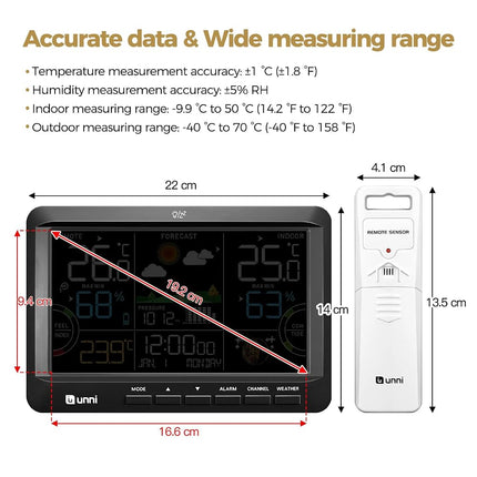 Weather Station Wireless Indoor Outdoor Thermometer with Heat Dew Mold, Thermometer Inside Outside with Calendar and 3 Adjustable Backlight（UNBLA01）