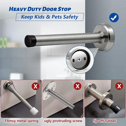 Door Stops, 4 Inch Long Door Stopper Wall Mounted, Stainless Steel, Brushed Nickel Doorstops Baby Proof Door Stops Bumper Tips Door Holder Wall Protector, 4 Pack