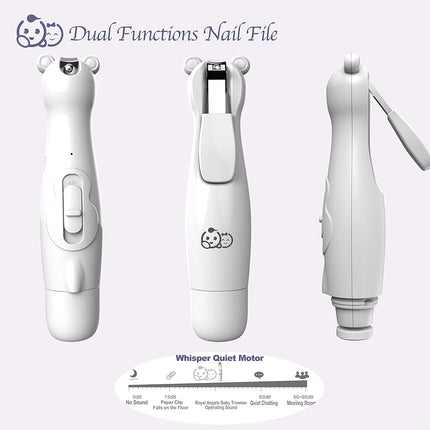 Royal Angels Rechargeable Baby Nail Clippers 20 in 1, Safe Electric Nail Trimmer, Baby Nail Kit, Additional Replacements, Newborn Toddler Toes and Fingernails, Trim and Polish (Rechargeable, Snow)