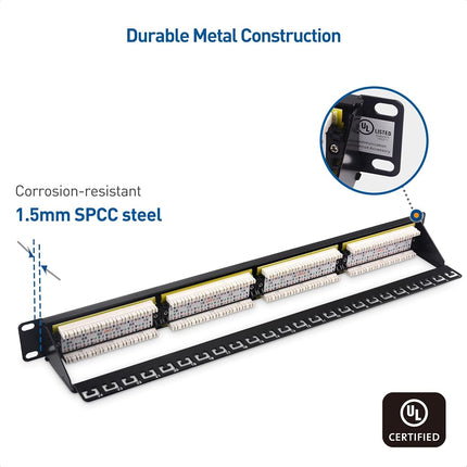 Cable Matters Rackmount or Wall Mount 1U 24-Port Cat 6 Network Patch Panel with Support Bar