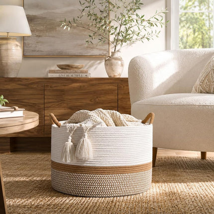 KAKAMAY Large Blanket Basket (20"x13"),Woven Baskets for storage Baby Laundry Hamper, Cotton Rope Blanket Basket for Living Room, Laundry, Nursery, Pillows, Baby Toy chest (White/Brown)