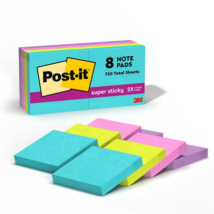 Post-it Super Sticky Notes, 2x Sticking Power, 2" x 2", Miami Collection, 8 Pads per Pack, 90 Sheets per Pad (622-8SSMIA)