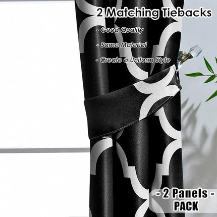 Melodieux Moroccan Fashion Thermal Insulated Room Darkening Blackout Grommet Curtains for Living Room, 42 by 96 Inch, Black (2 Panels)