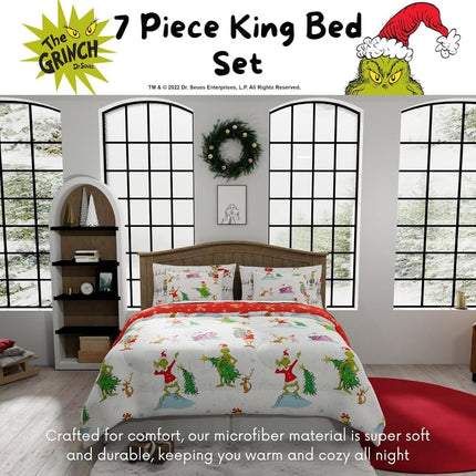 Franco Comforter and Sheet Set with Sham, Microfiber, Grinch-White + Red, 7 Piece King Size