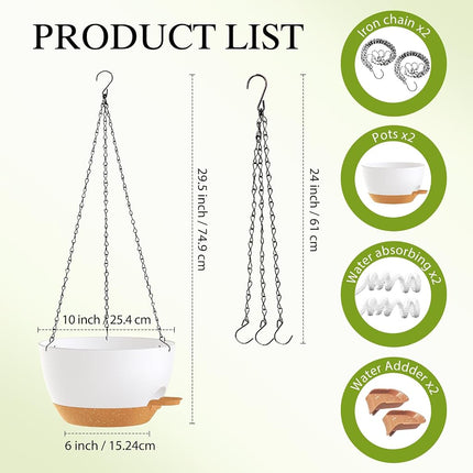 SQKH 10 Inch Hanging Baskets 2 PC with Chains, Self-Watering Hanging Planters for Indoor Outdoor Plants, Plastic Hanging Flower Pots,White Brown