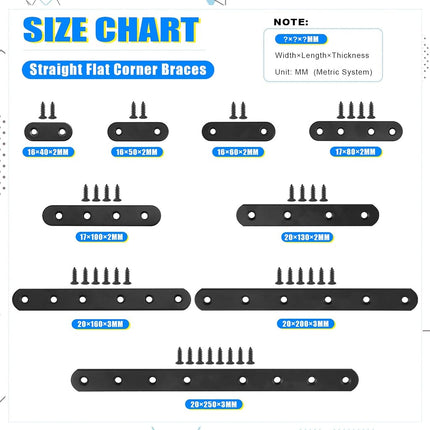 Glarks 8 Sets 250mm Flat Straight Corner Brace Black Metal Joint Plate Connector Repair Fixing Bracket with 70Pcs Screws for Wood Furniture (250x20x3mm)