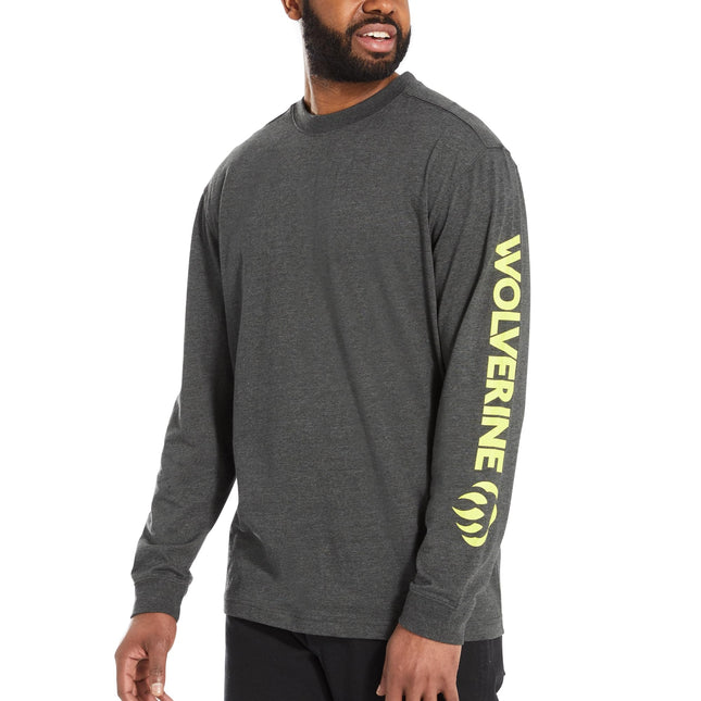 Wolverine Graphic Long Sleeve Tee - Sleeve Logo Dark Gray Heather/Hi Vis MD