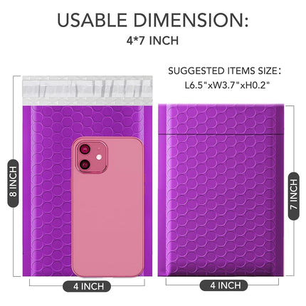 GSSSUSA 50 Pack 4x8 Padded Bubble Mailers, 4x7 Inch Usable Size Small Envelopes with Adhesive Strip for Jewelry Mailing Small Business, Purple