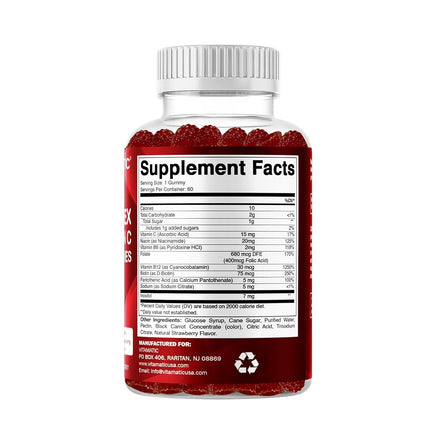 Vitamatic Vitamin B Complex Gummies with Vitamin C & Inositol - Natural Strawberry Flavor - 60 Gummies (1 Bottle)