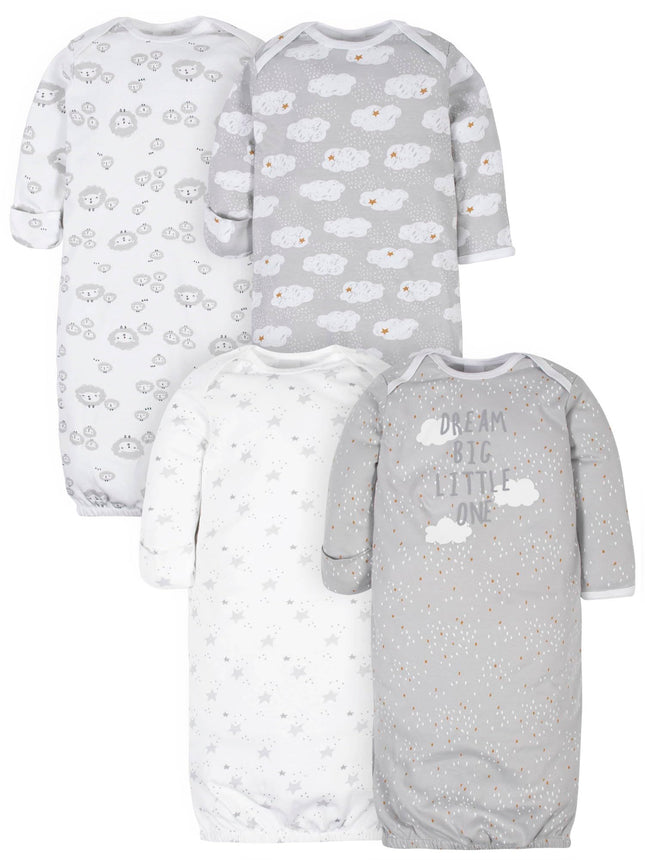Gerber Baby 4-Pack Gowns, Sheep Grey, Preemie