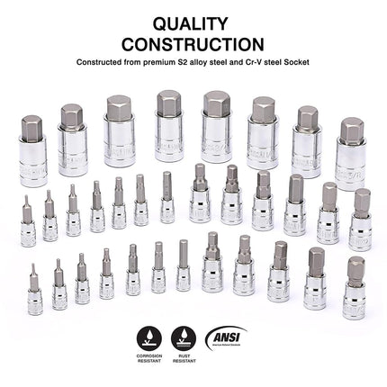 CASOMAN 32 Piece Master Hex Bit Socket Set, S2 Steel, SAE And Metric, Allen Socket Bit, 5/64-inch to 3/4-inch, 2mm to 19mm Socket Tool Kit