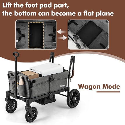 INFANS Wagon Stroller for 2 Kids, Collapsible Adjustable Push Pull Handle Bar, 2 Seater Stroller Wagon with Removable Canopy Snack Tray, Comfortable Drop-Down footwell and Upholstered Seats (Grey)