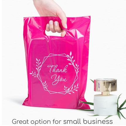 100 Pink Thank You Bags 1.5Mil Merchandise Bags 23cm x 30cm (9”x12”) and Pink Bags for Small Business Extra Thick Glossy Pink Retail Bags and Thank You Bags with Handles and Plastic Bags