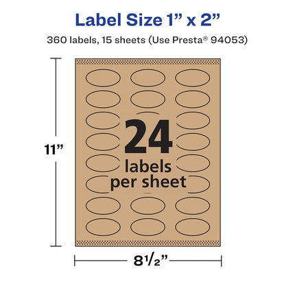 Avery Kraft Brown Oval Labels with Sure Feed, 1" x 2", 360 Kraft Brown Labels, Print-to-The-Edge, Laser/Inkjet Printable Labels