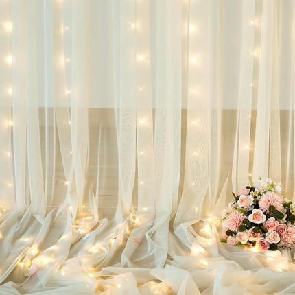 Ivory Sheer Backdrop Curtains with Lights String for Parites Wedding 10×8ft Tulle Backdrop Curtains for Baby Shower Birthday Party Bridal Shower Christmas Photo Shoot Background Decorations