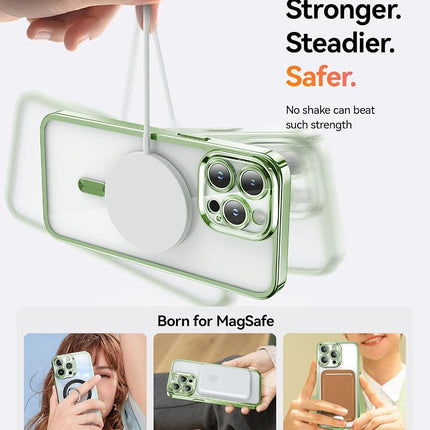 Meifigno Candy Mag Series Case Designed for iPhone 15 Pro, [Compatible with MagSafe] [Glitter Card & Wrist Strap] Full Camera Lens Protection Designed for iPhone 15 Pro Case Women Girls, Grass Green