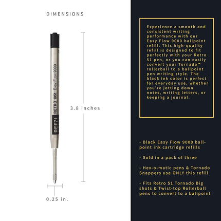 RETRO 51 Easy Flow 9000 Ballpoint Refill 3 Pack Black