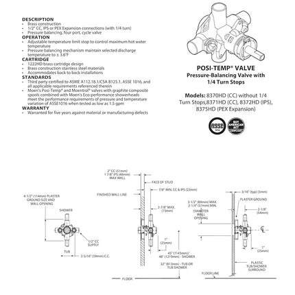 Moen 8370HD Commercial PosiTemp Pressure Balancing Shower Valve, 1/2-Inch CC, or Unfinished, 0.5
